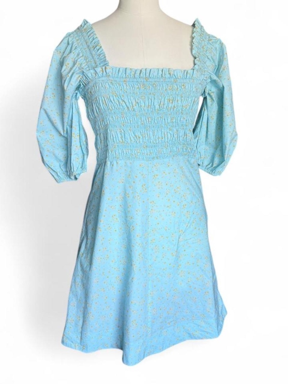 Ganni Light Blue Floral Smocked Mini Dress – Size 40 / US 8